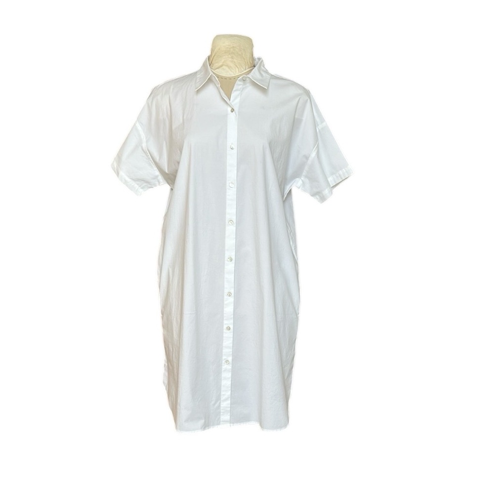 Eileen Fisher‎ Organic Cotton Poplin Button Down Shirtdress w/Pockets White L
